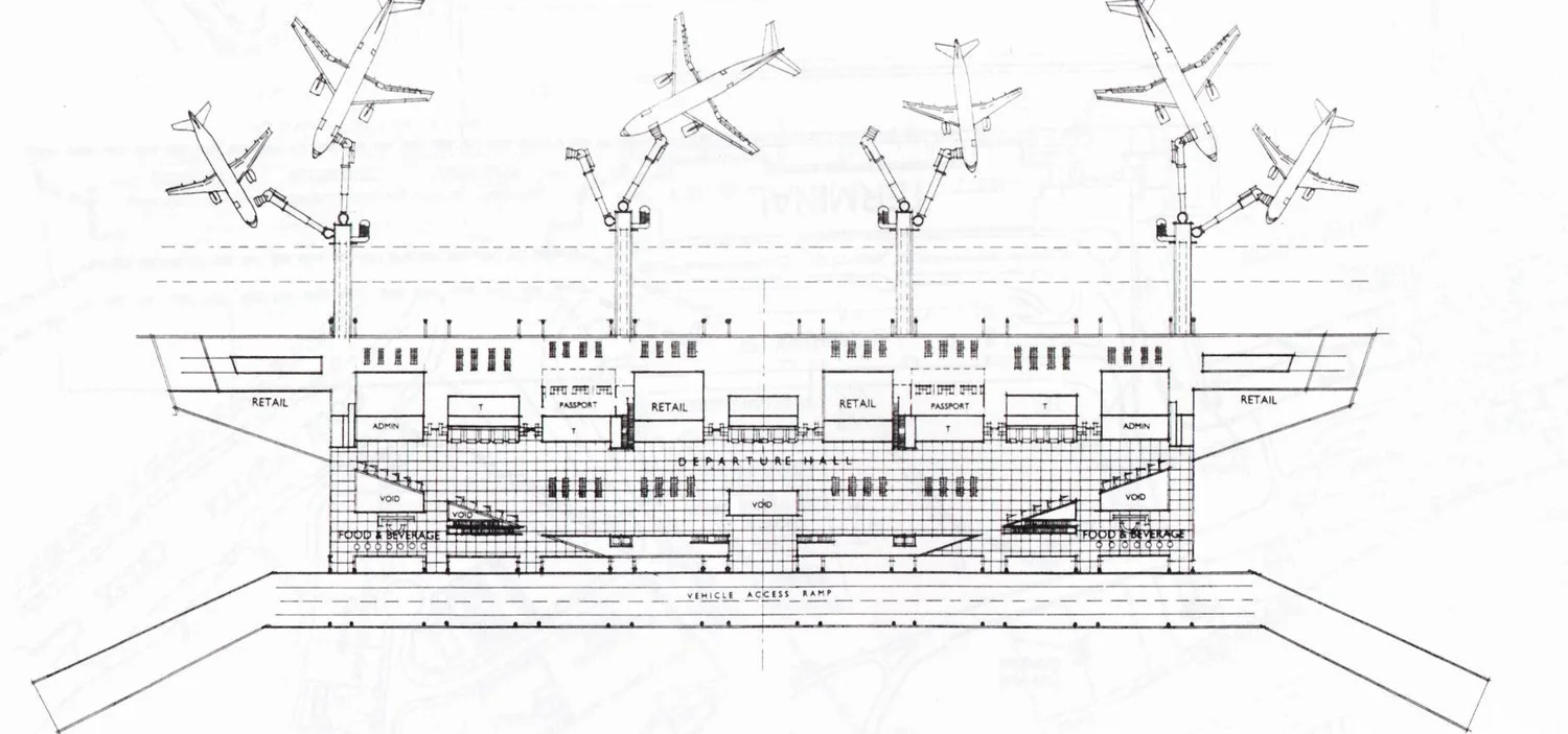 Cross-section through the terminal with aircraft at the gates