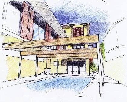 Coloured hand sketch of a house around a pool courtyard