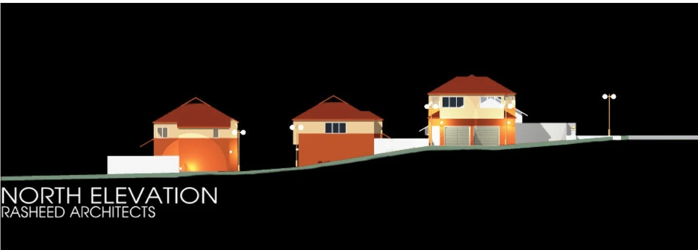 Night elevation of three houses with curved roofs on a slope