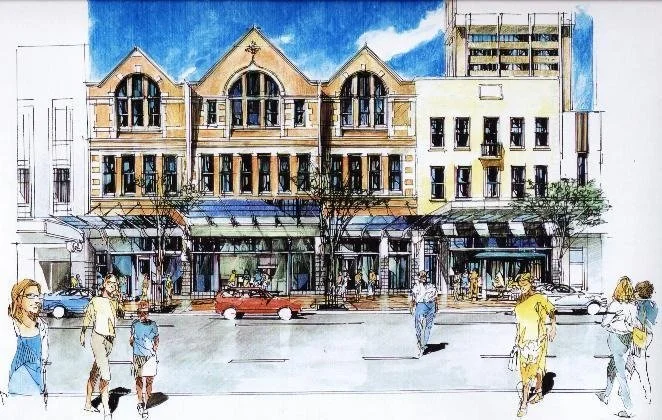Hand-coloured street view of the heritage facade at 45 Adelaide Street