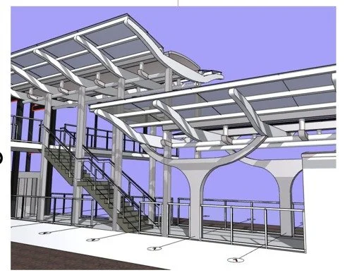 3D view of the Kuningan shelter with its stair, footbridge and curved steel canopy