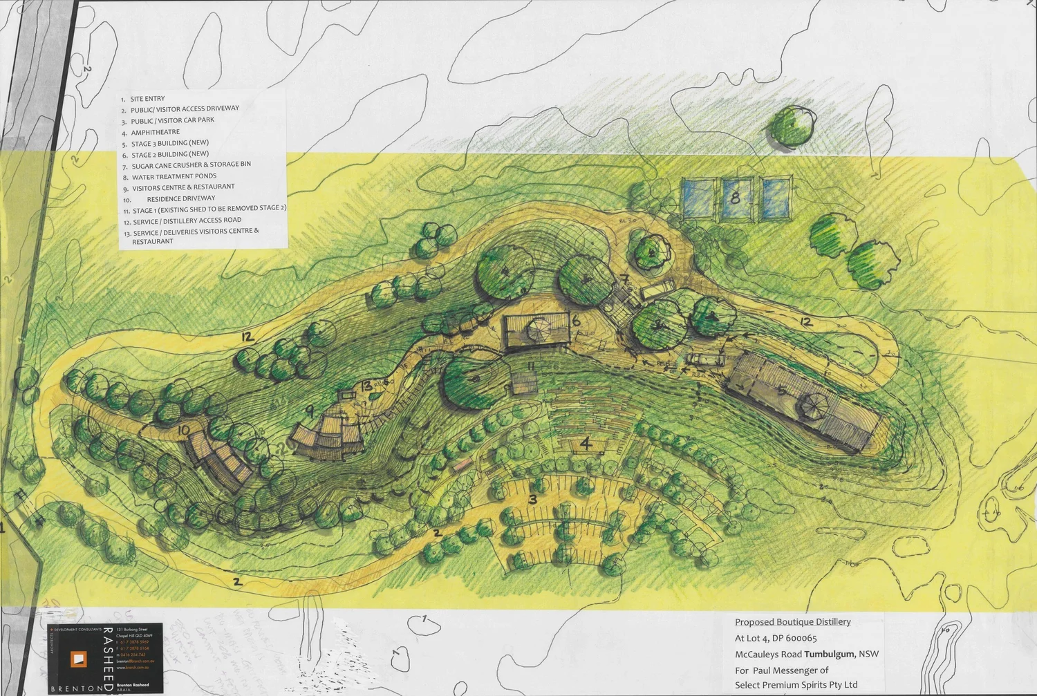 Hand-coloured site plan on yellow trace: the distillery buildings, visitor centre, amphitheatre, car park and water treatment ponds set among trees along the ridge