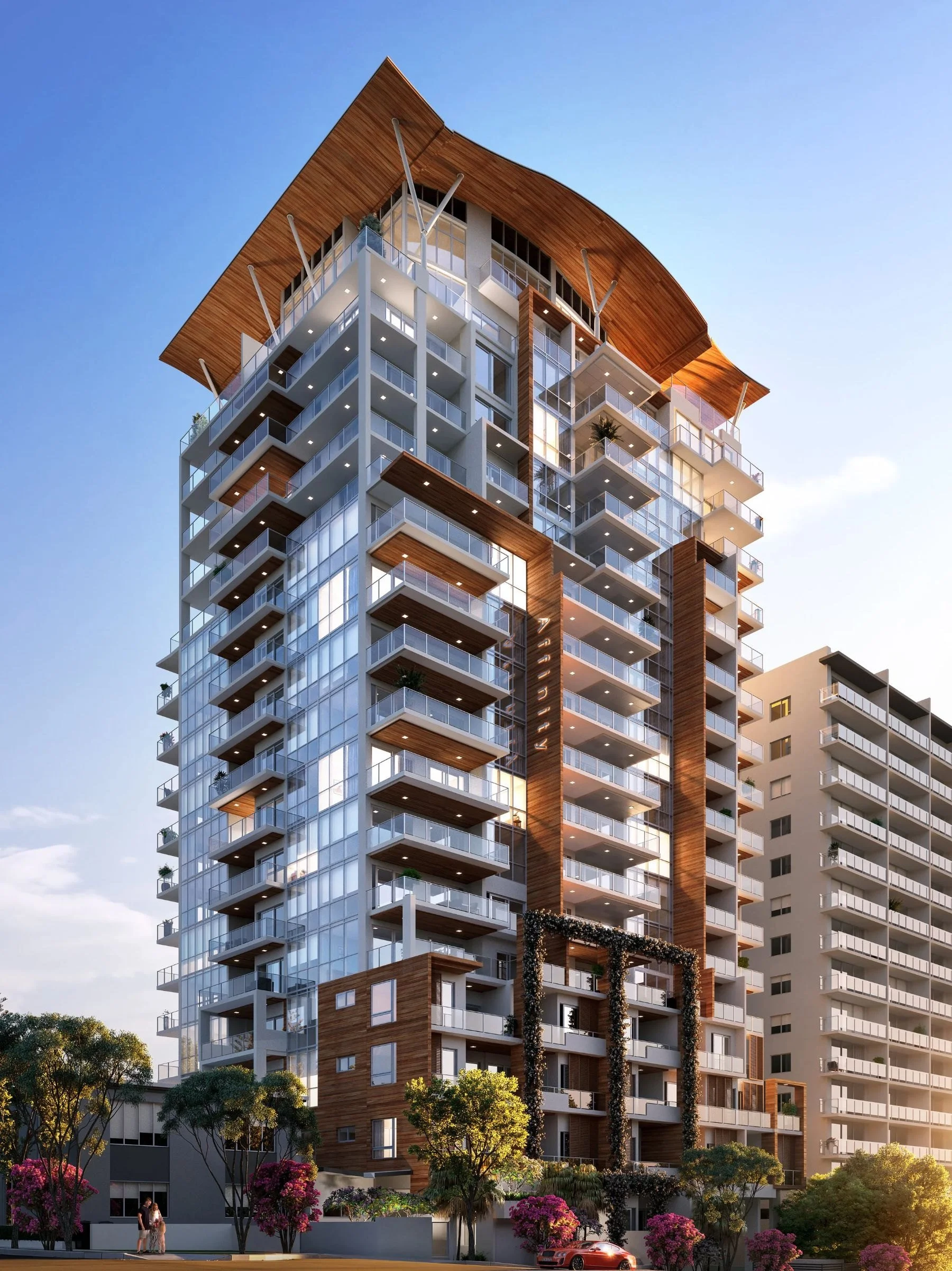 Affinity Milton: a slender residential tower with timber-lined balconies under a sweeping timber roof