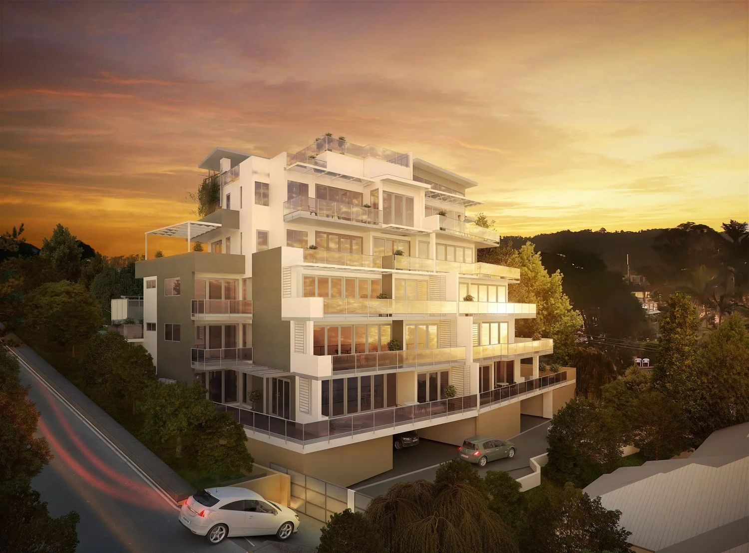 The 2010 design render of the building at sunset
