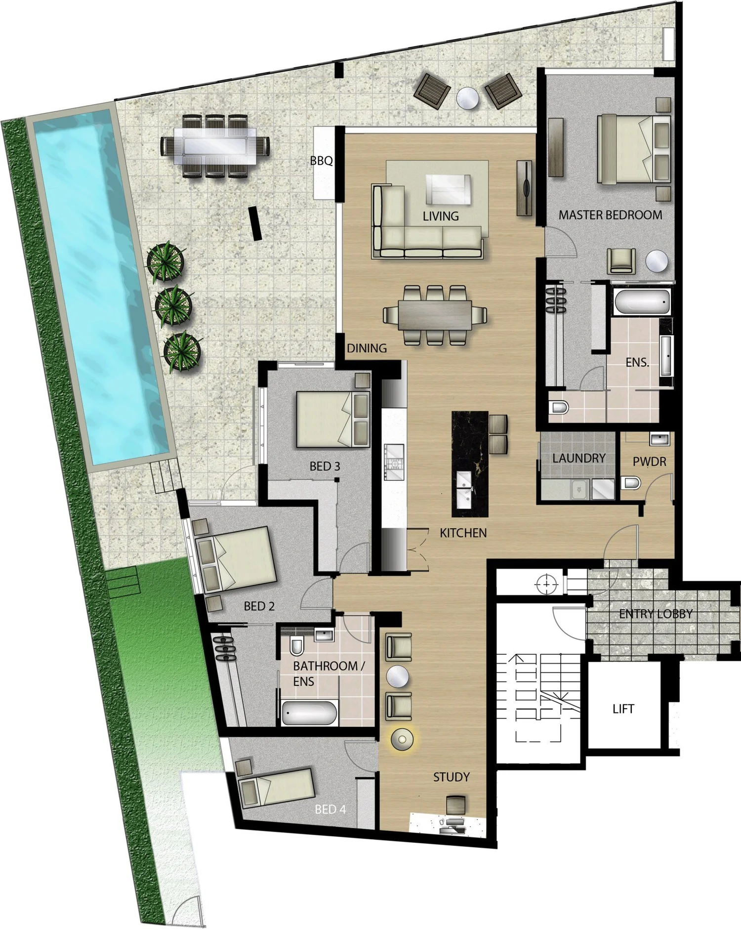 Coloured floor plan of a four-bedroom apartment: open living, dining and kitchen opening to a terrace with a lap pool, a private lift lobby, master bedroom with ensuite, study and three further bedrooms