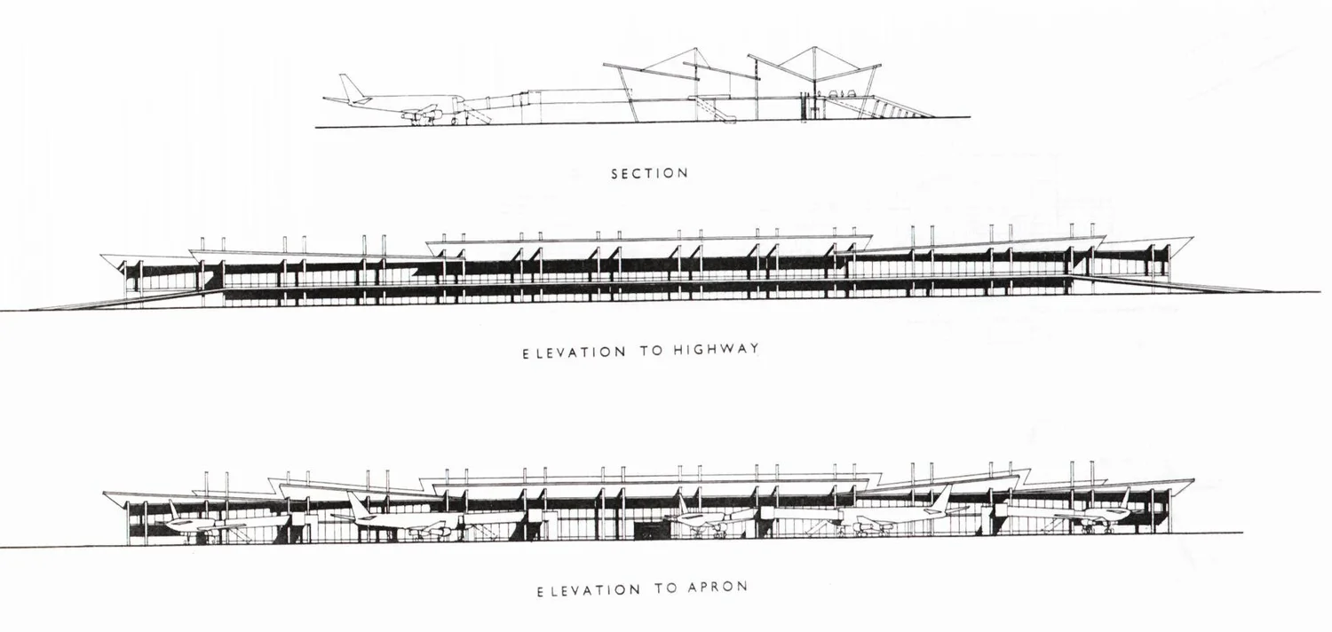 Section and elevations of the airport terminal design with its long roof
