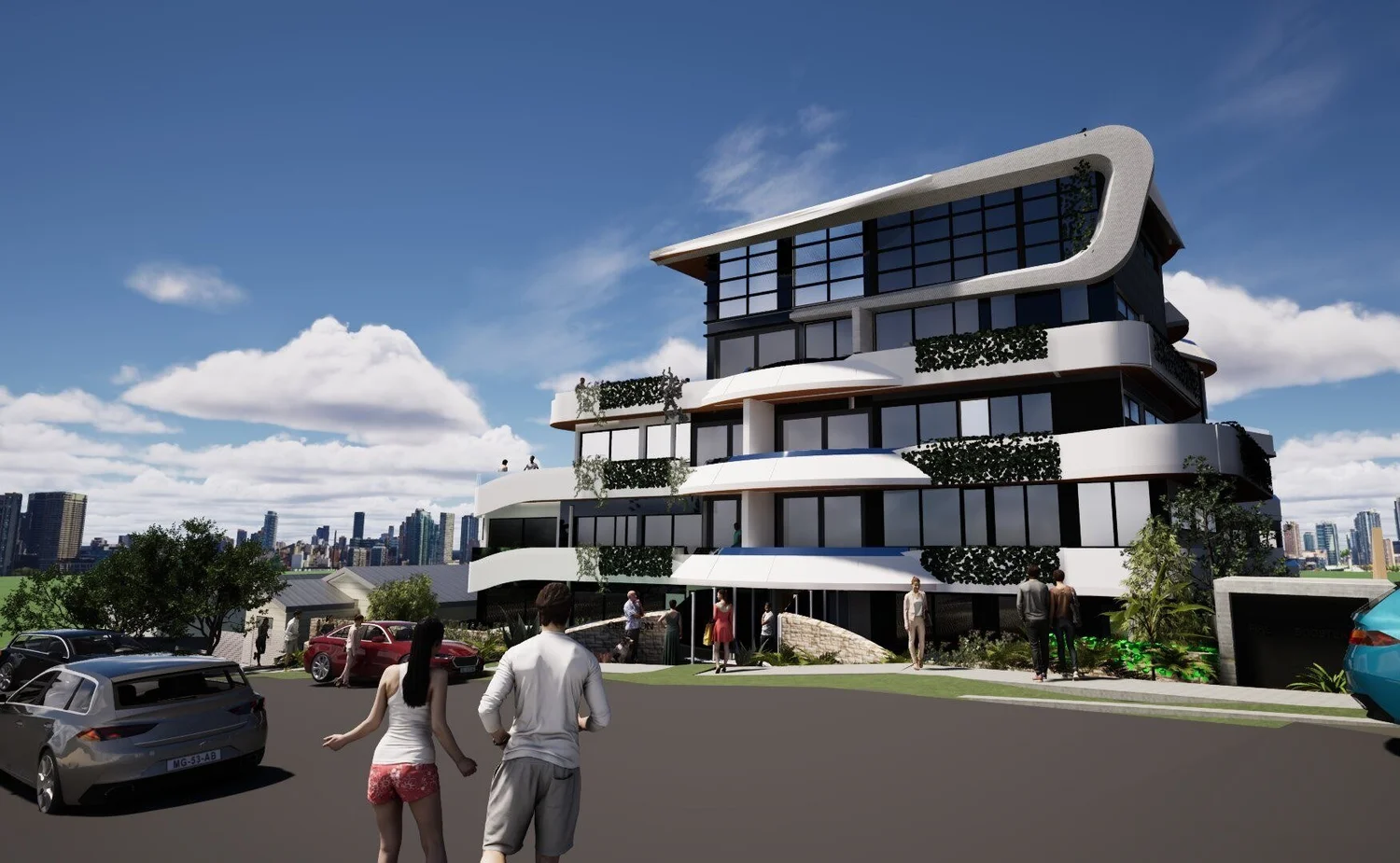 The same street view as designed, with the city skyline behind