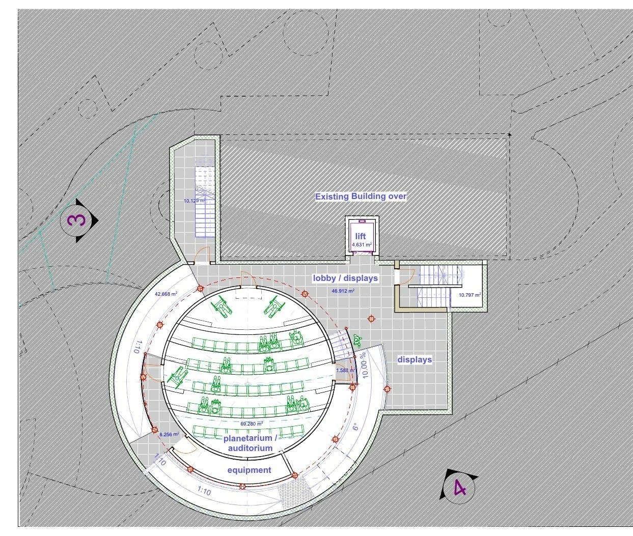 Plan of the planetarium and auditorium level, with seating inside a circular drum, a lobby and display areas
