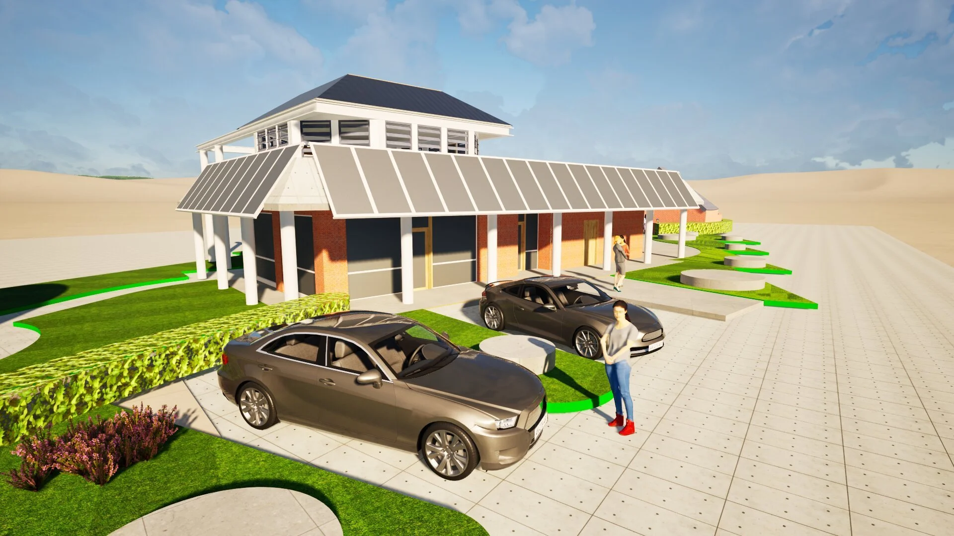 The entrance and car parking