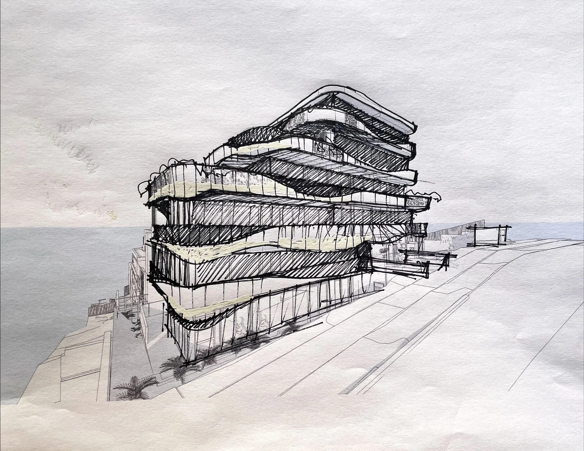 Hand sketch in black marker over a printed model view of 22 Swann Road
