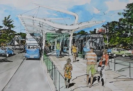 Hand-coloured sketch of a TransJakarta platform with a curved canopy, buses and passengers