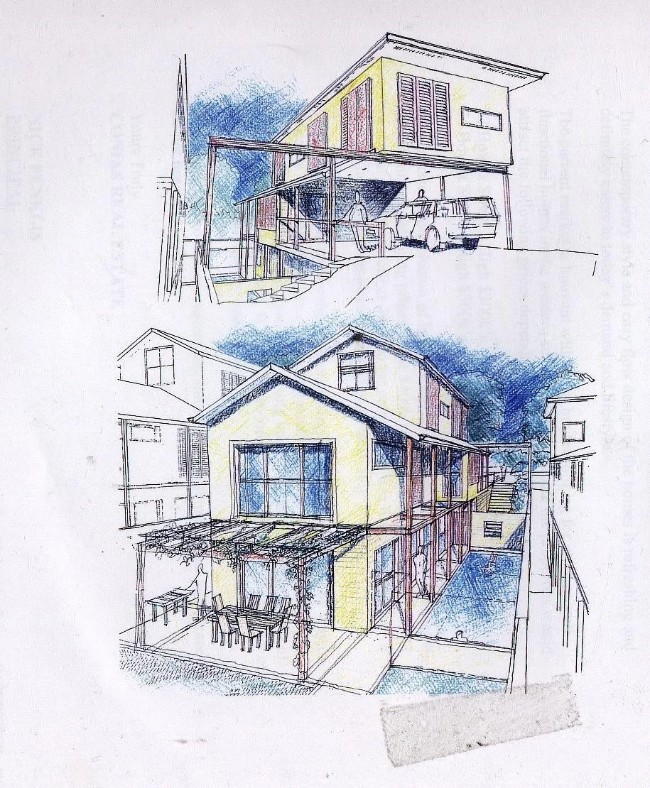 Coloured hand sketch of number 22 from the street and the garden