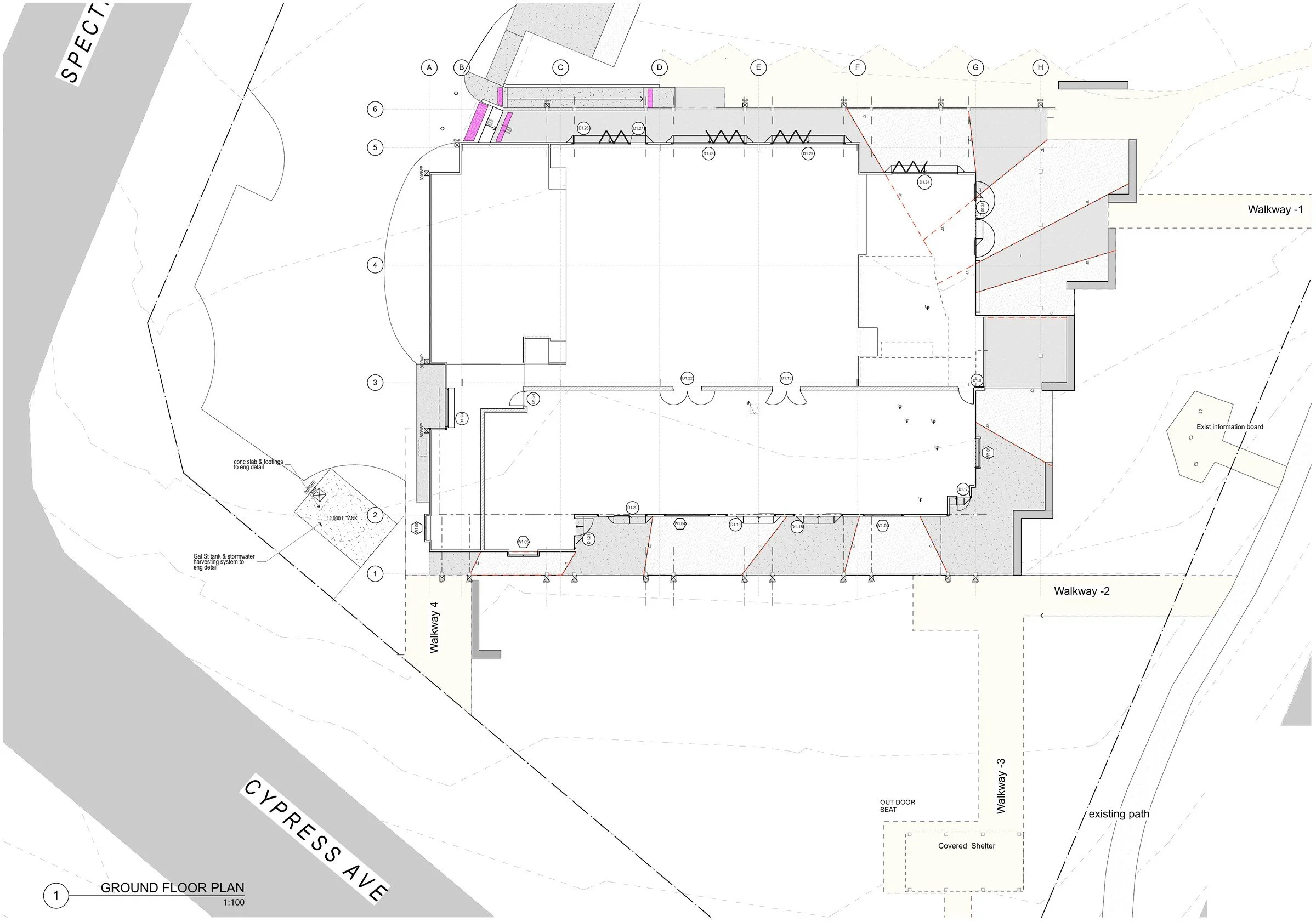 Ground floor plan of the community hall and library set within its site, with surrounding walkways, shelter and street frontages