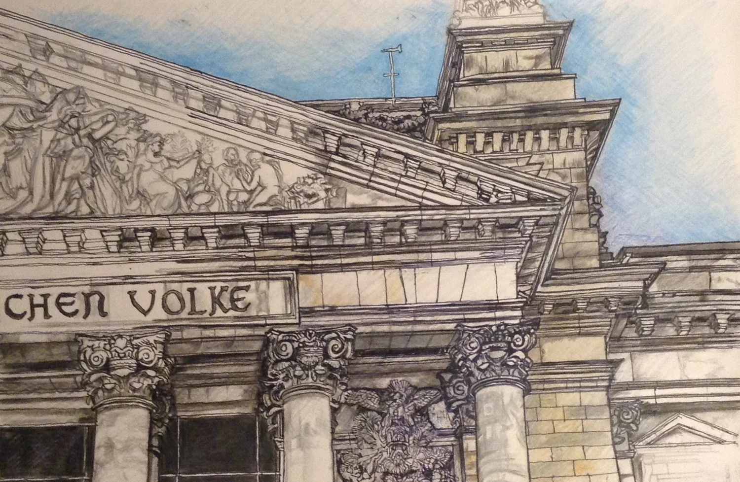 Ink and colour drawing of the Reichstag pediment and columns