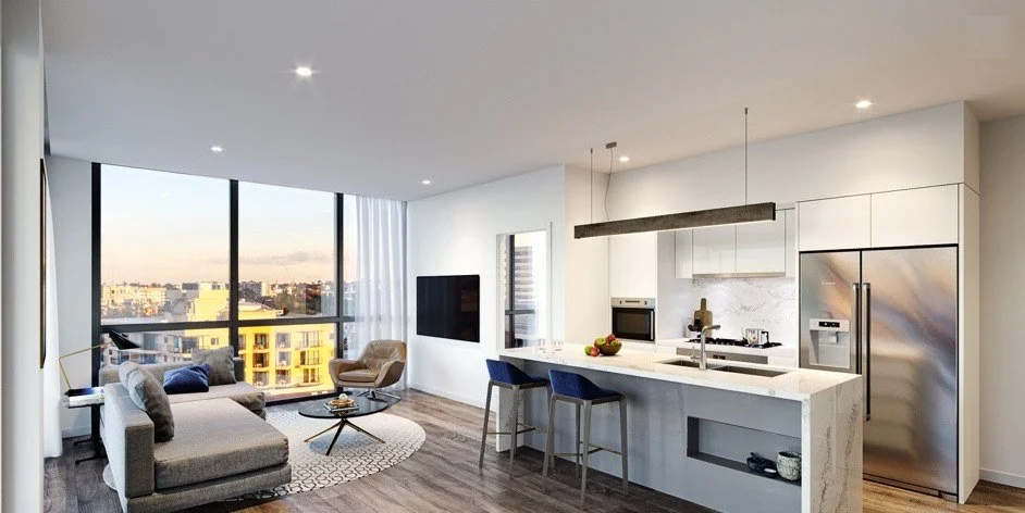 Open living room and kitchen with floor-to-ceiling windows