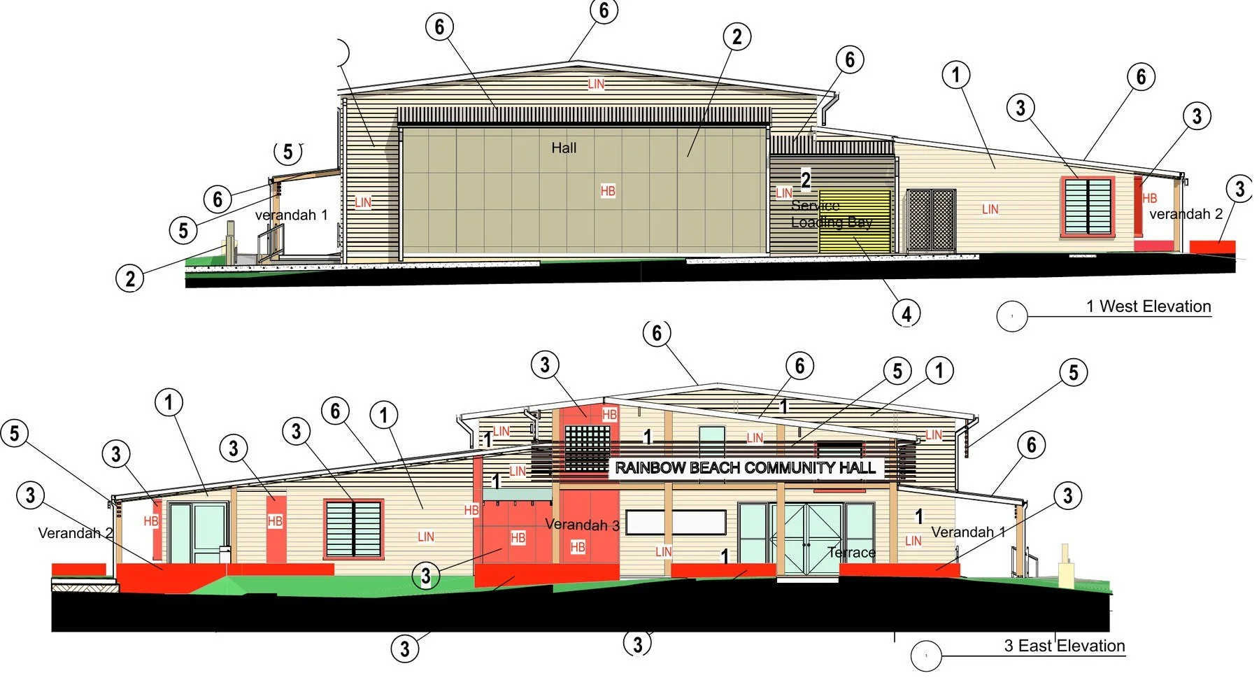 West and east elevations of the community hall, with colour schedule