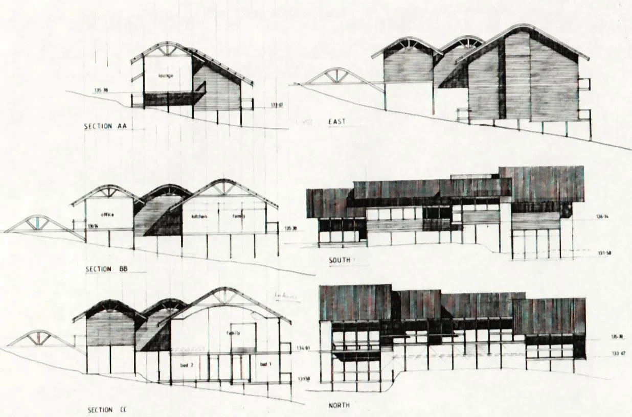 Hand-drawn sections and elevations of houses with curved roofs on a slope