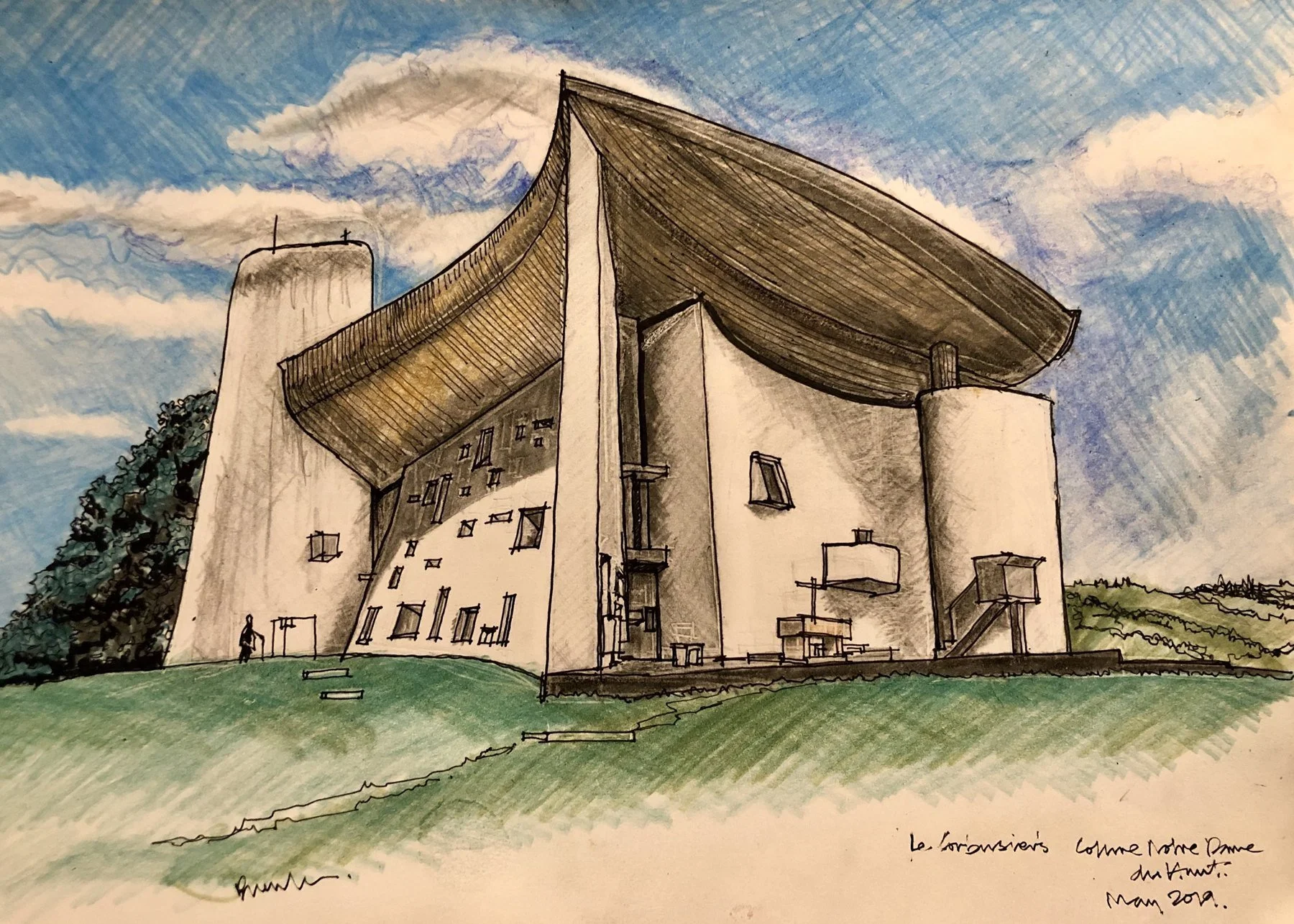 Coloured drawing of Le Corbusier's chapel of Notre-Dame du Haut at Ronchamp, on its green hill under a blue sky