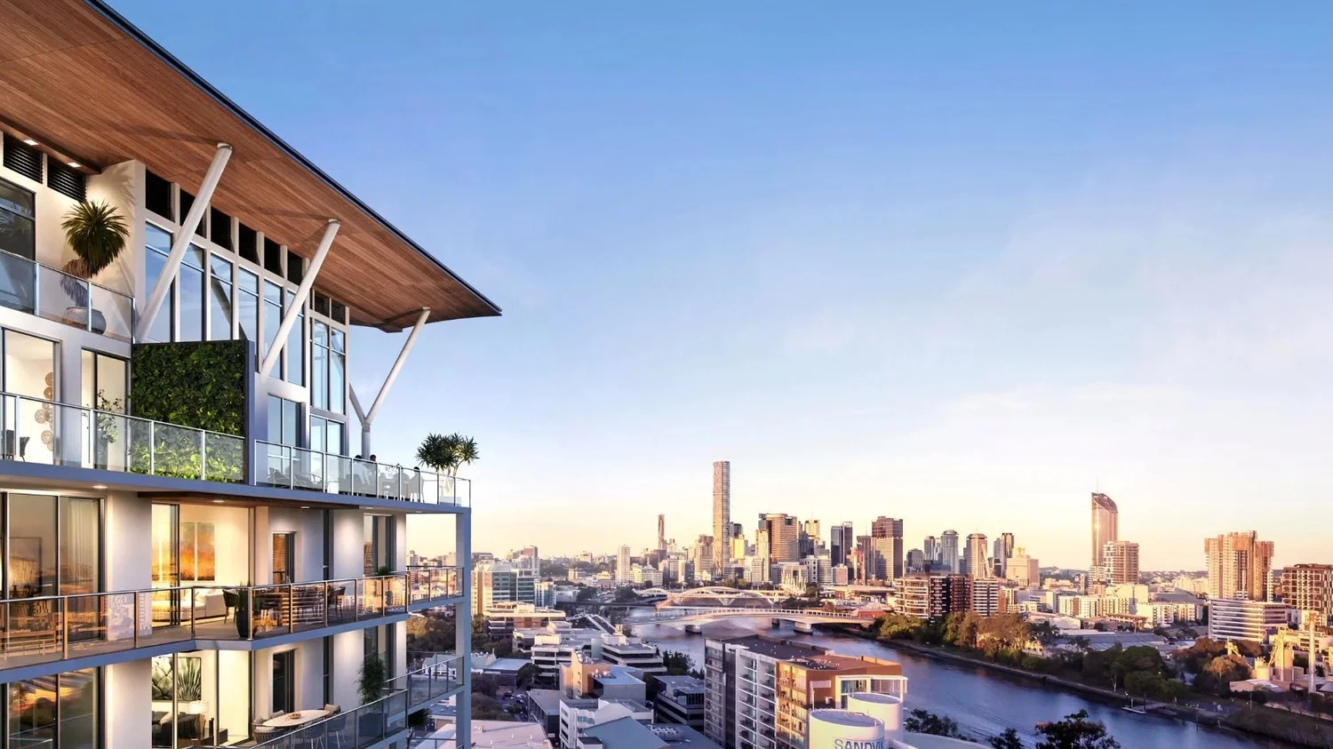Upper-level apartments under the timber roof, looking along the river to the Brisbane skyline