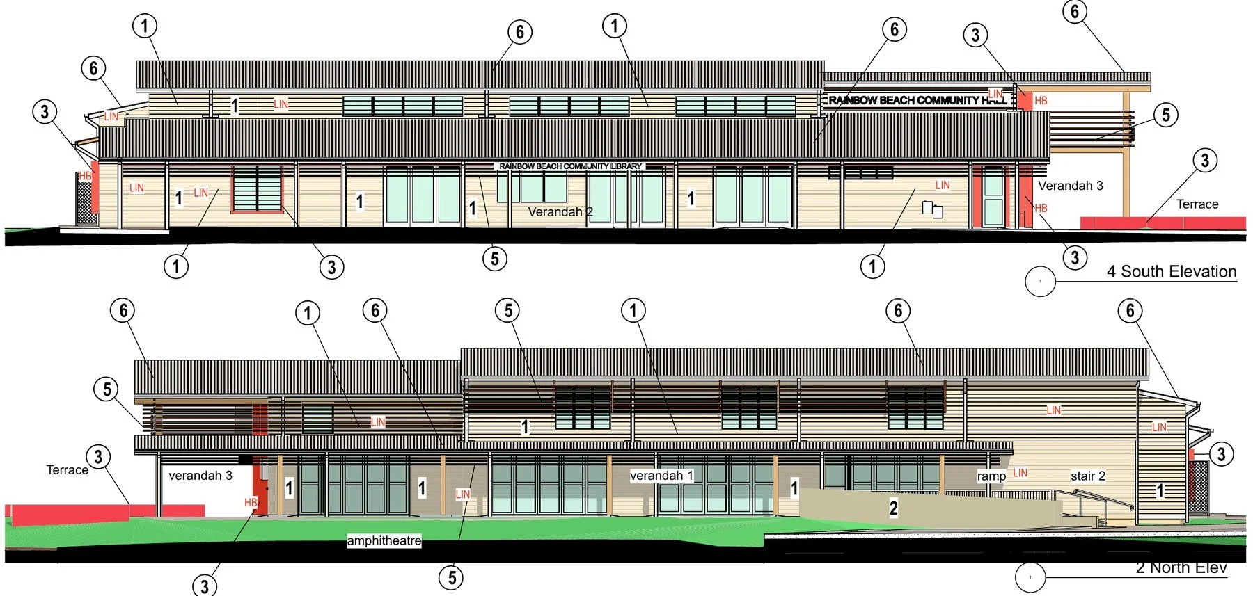 South and north elevations of the community hall, with colour schedule