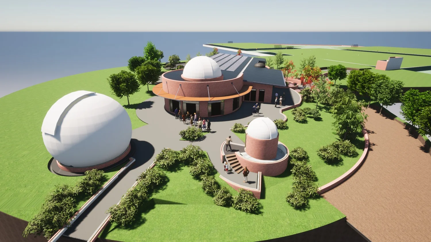 Aerial render of a clubhouse with three observatory domes