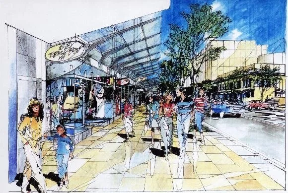 Hand-coloured sketch of the glazed arcade with shoppers