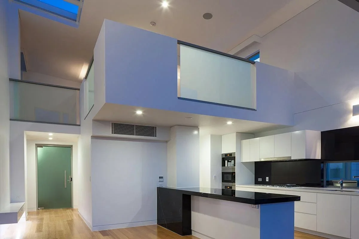 Kitchen under a mezzanine