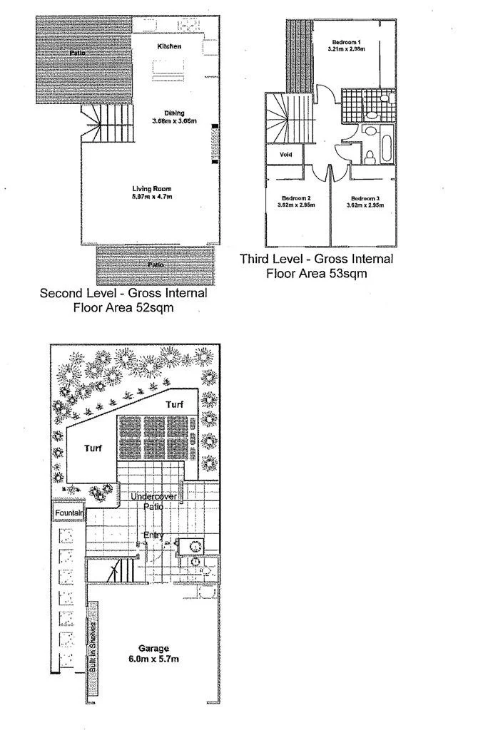 Floor plans of one townhouse over three levels: garage and entry, living and dining, and bedrooms