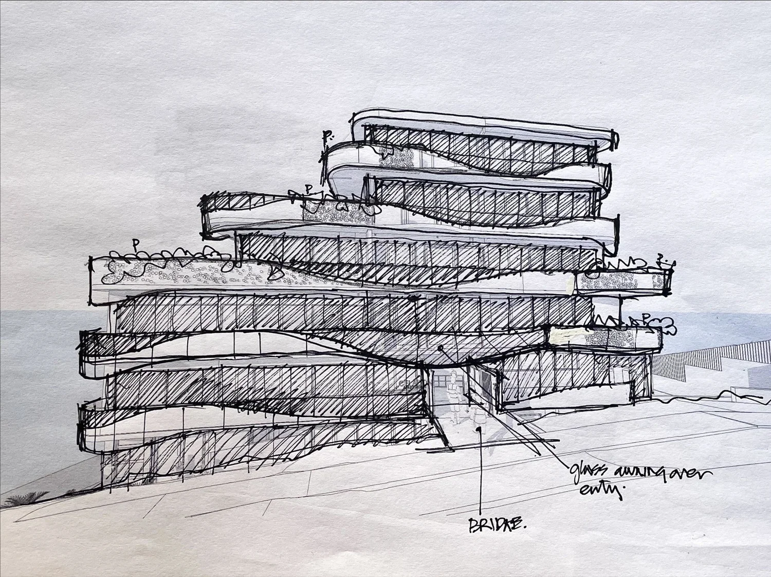Hand sketch of the street elevation, with notes marking the bridge and the glass awning over the entry