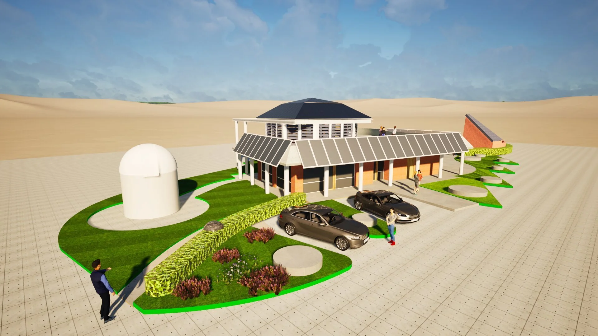 The approach to the pavilion, with the observatory dome beside it