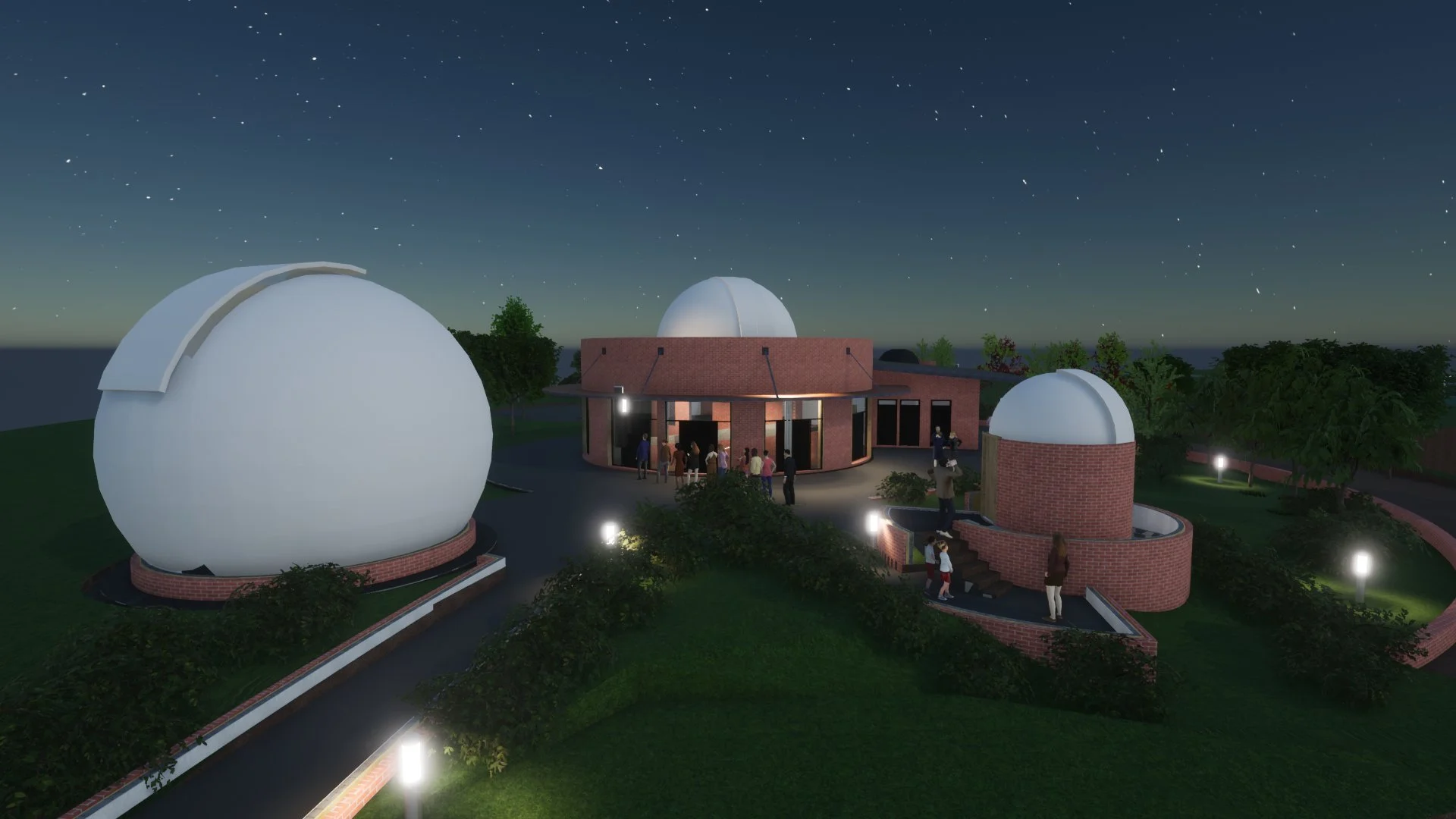 The clubhouse and domes at dusk
