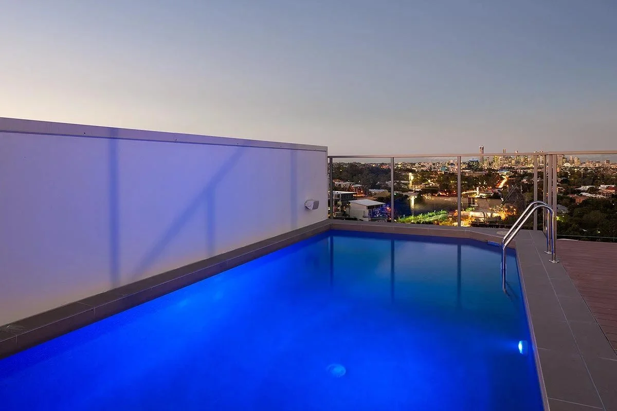 Rooftop pool at dusk