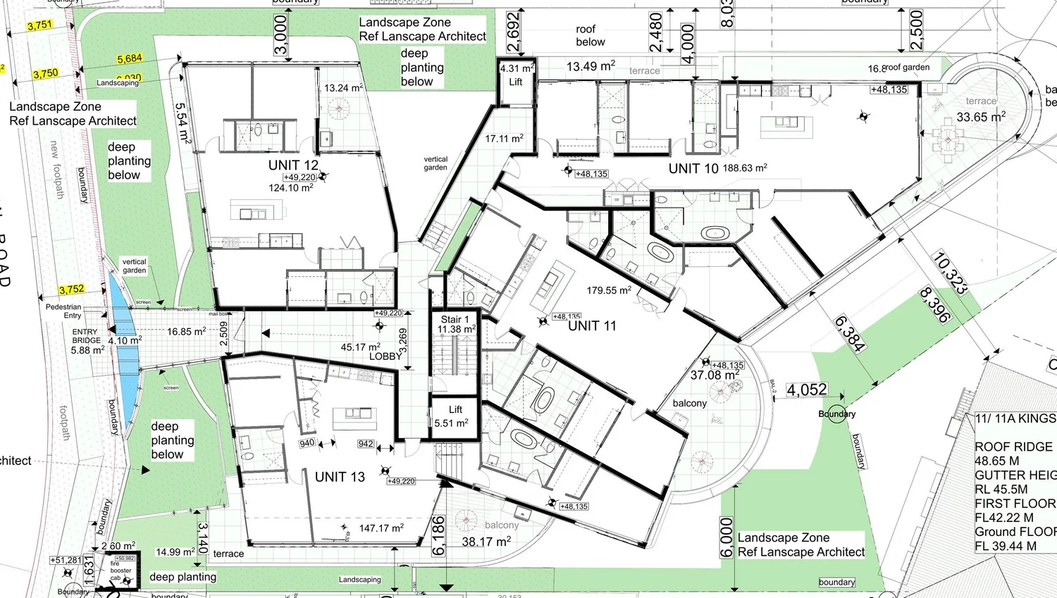 Ground floor plan at Swann Road entry level, showing the entry bridge, lobby and apartments