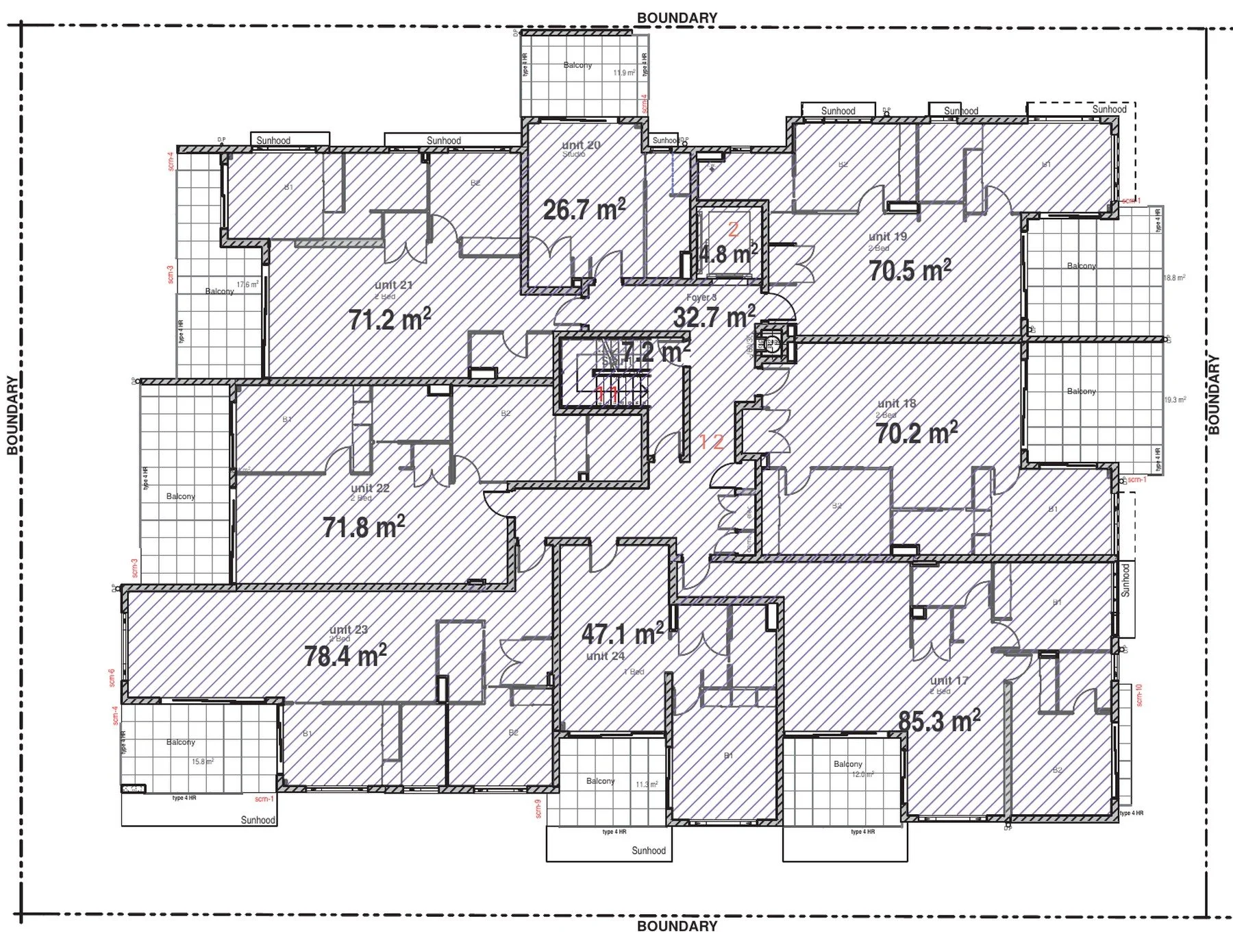 Typical level floor plan (Level 3) showing eight apartments around the central lift, stair and foyer