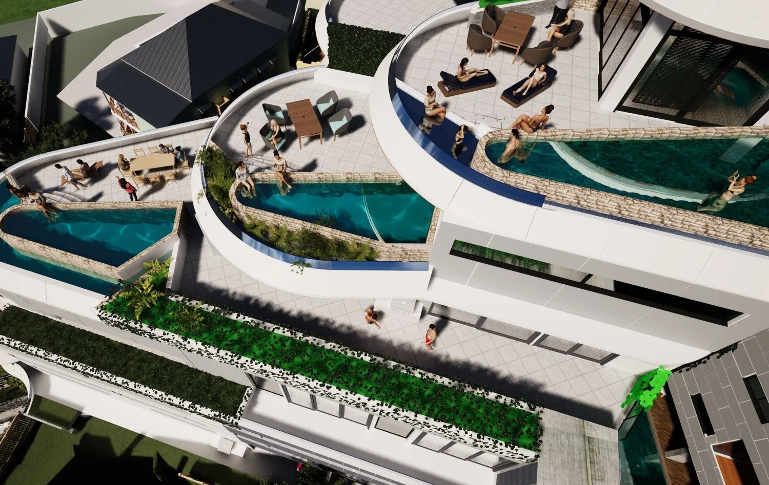 Terraces and pools seen from above