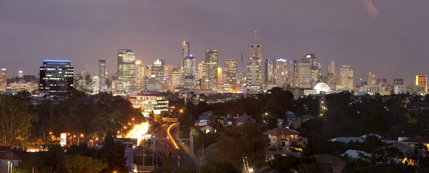Night panorama of the Brisbane city skyline from the building