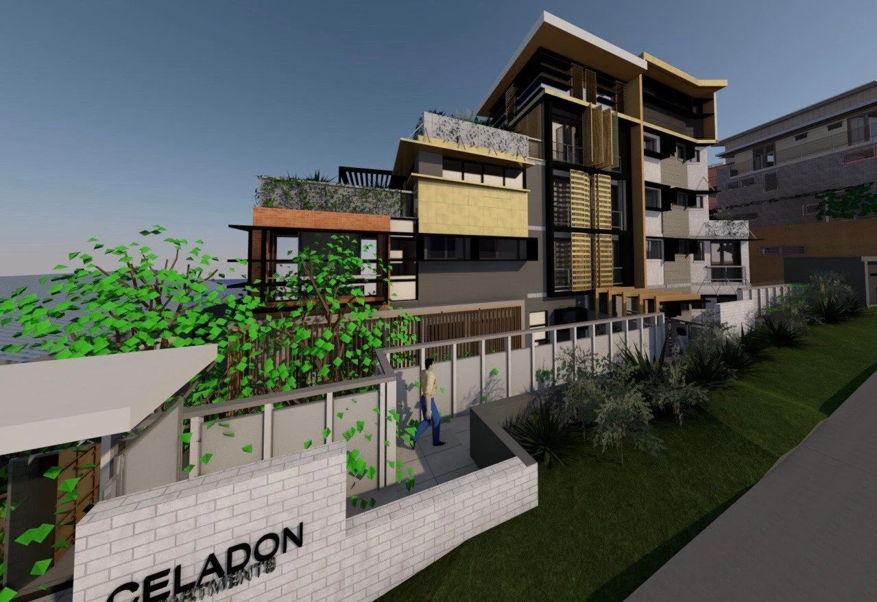 3D render of a four-storey apartment building behind a landscaped street wall