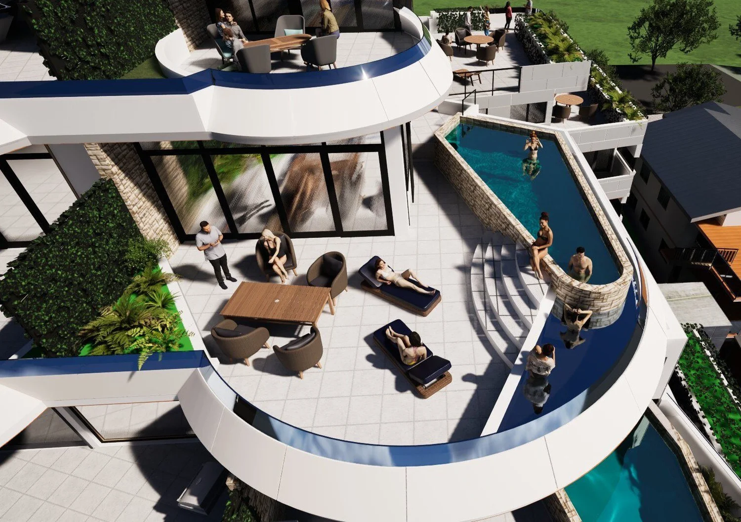 A terrace with seating beside its pool