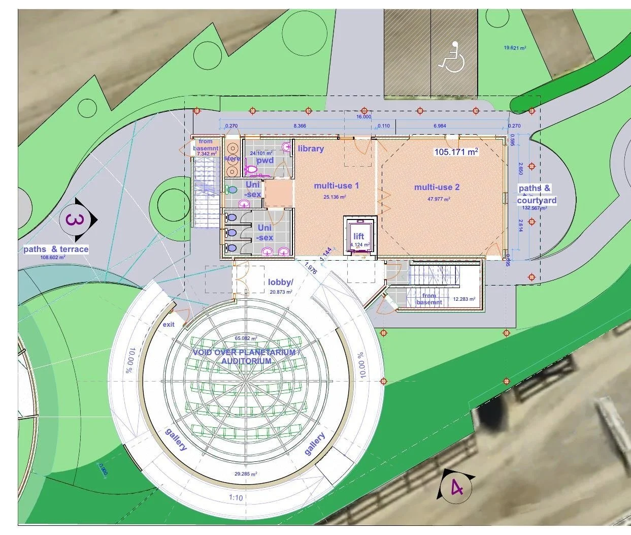 Ground floor plan showing the lobby, library, two multi-use rooms, toilets and lift