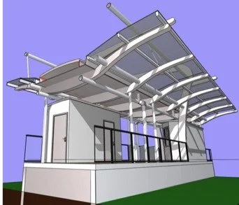3D view of a shelter end with ticket booth and canopy