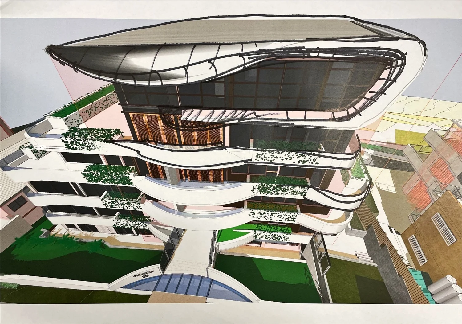 Marker sketch over a 3D model of a building with a sweeping curved roof