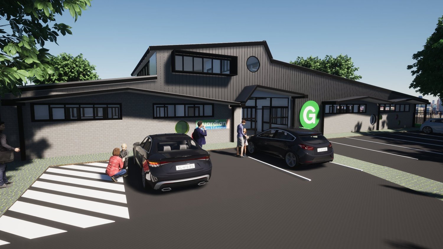 Rendered view of the entrance from the car park