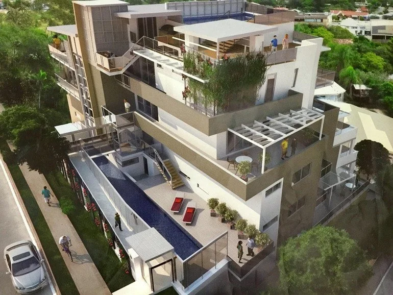 3D render from above of an apartment building with a lap pool along its side