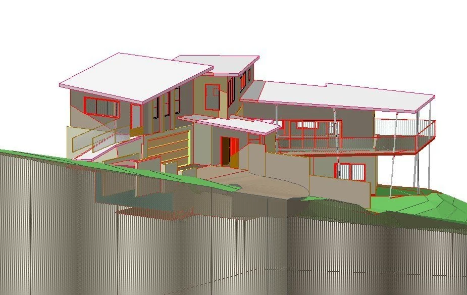 3D computer model of a house stepping down a sloping site