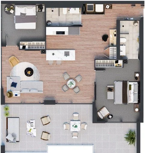 Furnished floor plan of a two-bedroom apartment: open living, dining and kitchen, two bedrooms with bathrooms, and a large terrace
