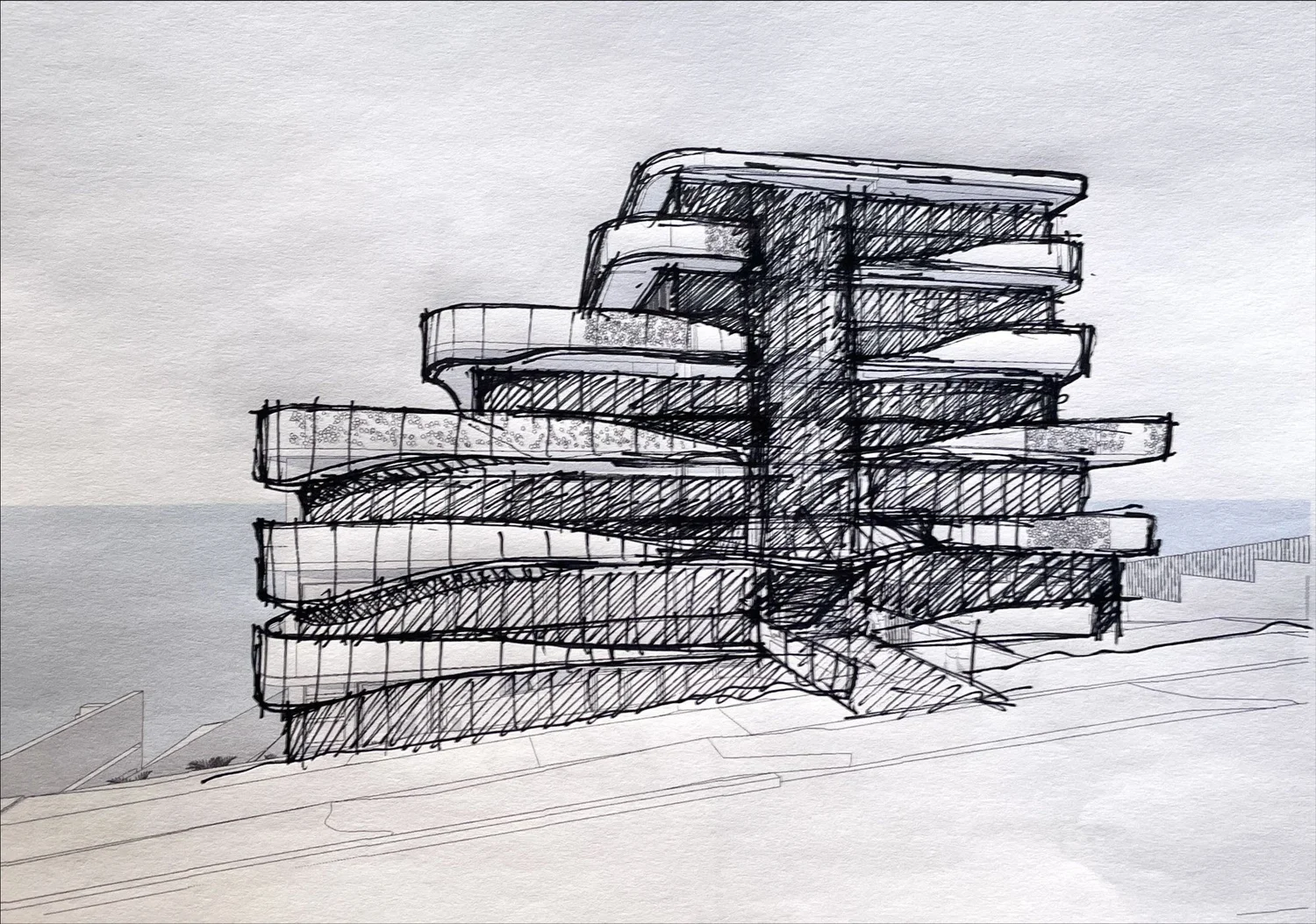 Black marker sketch of stacked curving balconies around a central core