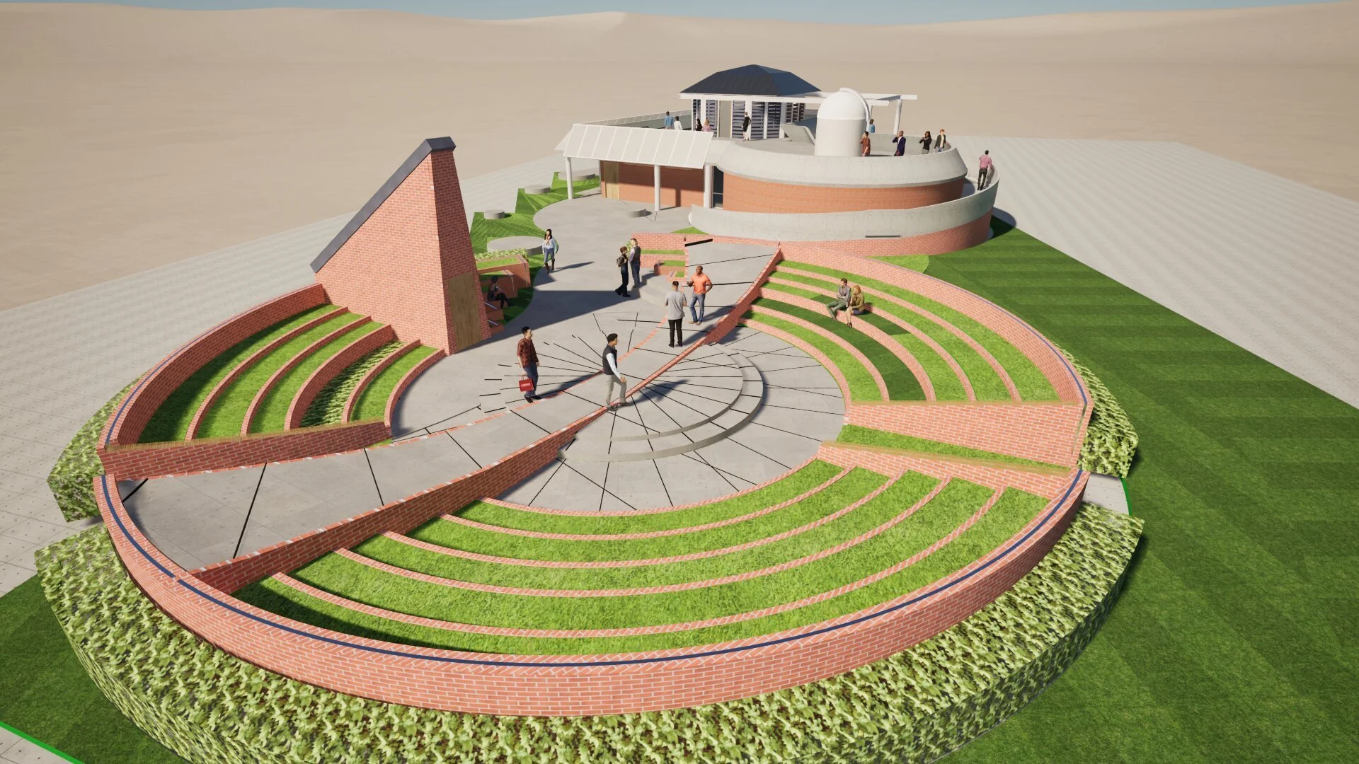 The sundial amphitheatre seen from above, with the pavilion and dome beyond