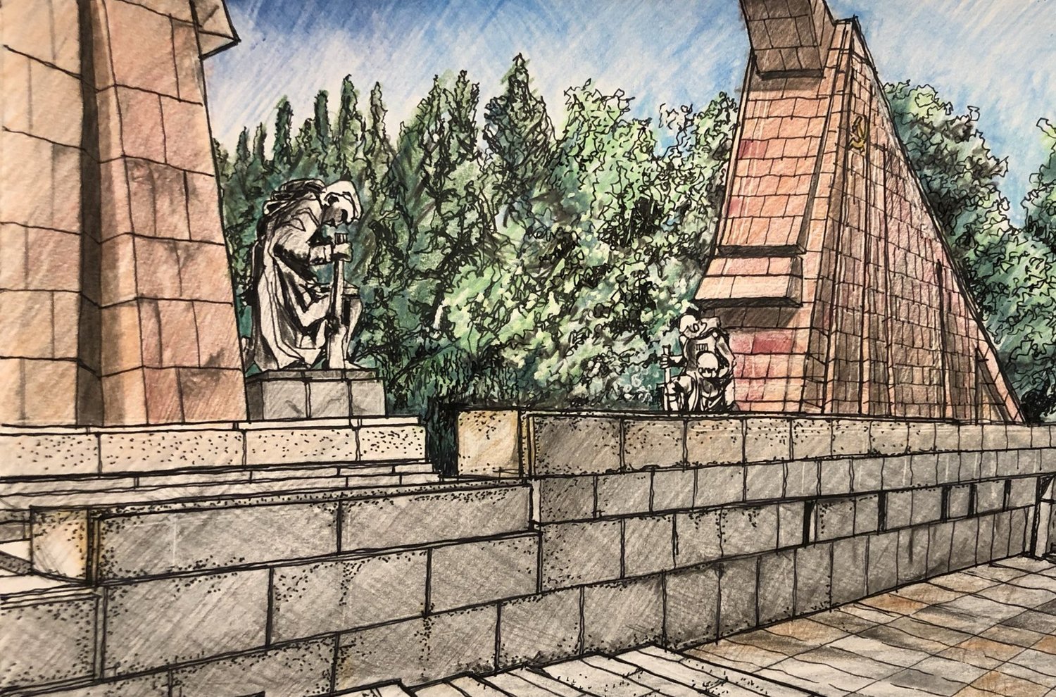 Coloured drawing of the Soviet War Memorial in Treptower Park