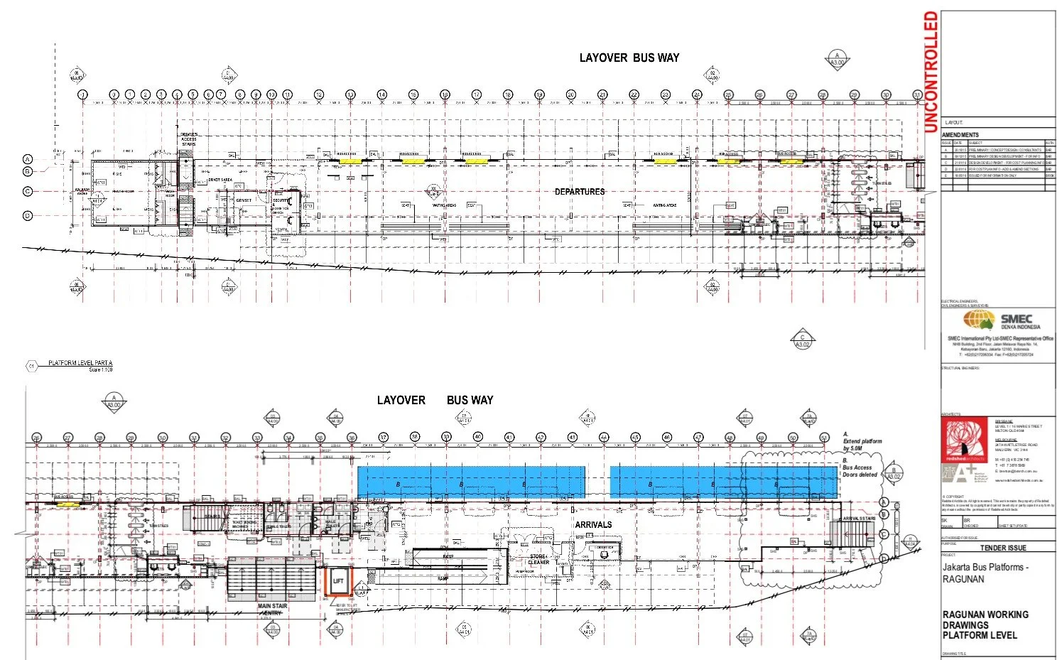 Plans of a bus platform with layover bus way and boarding areas