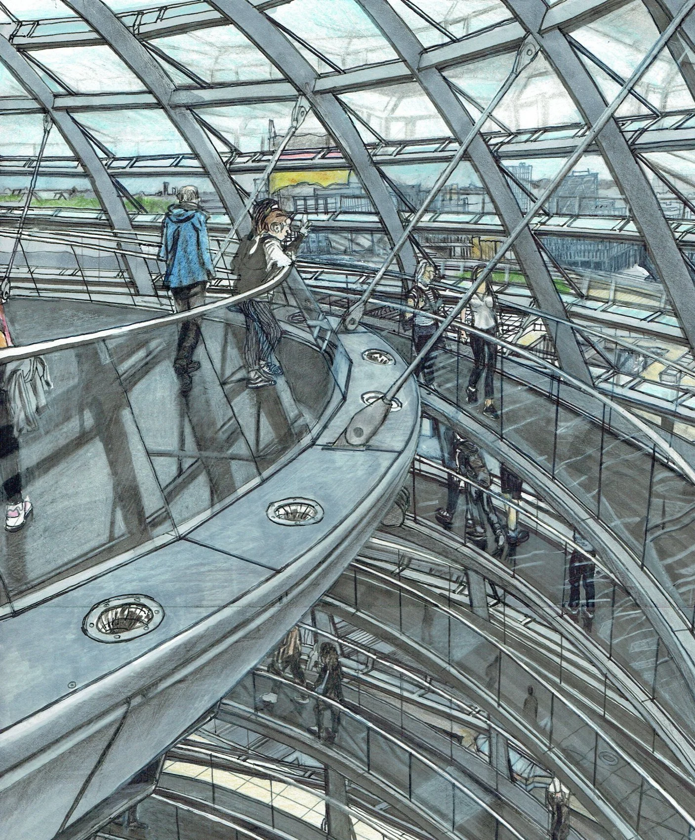 The finished coloured drawing of the dome, with visitors on the ramps